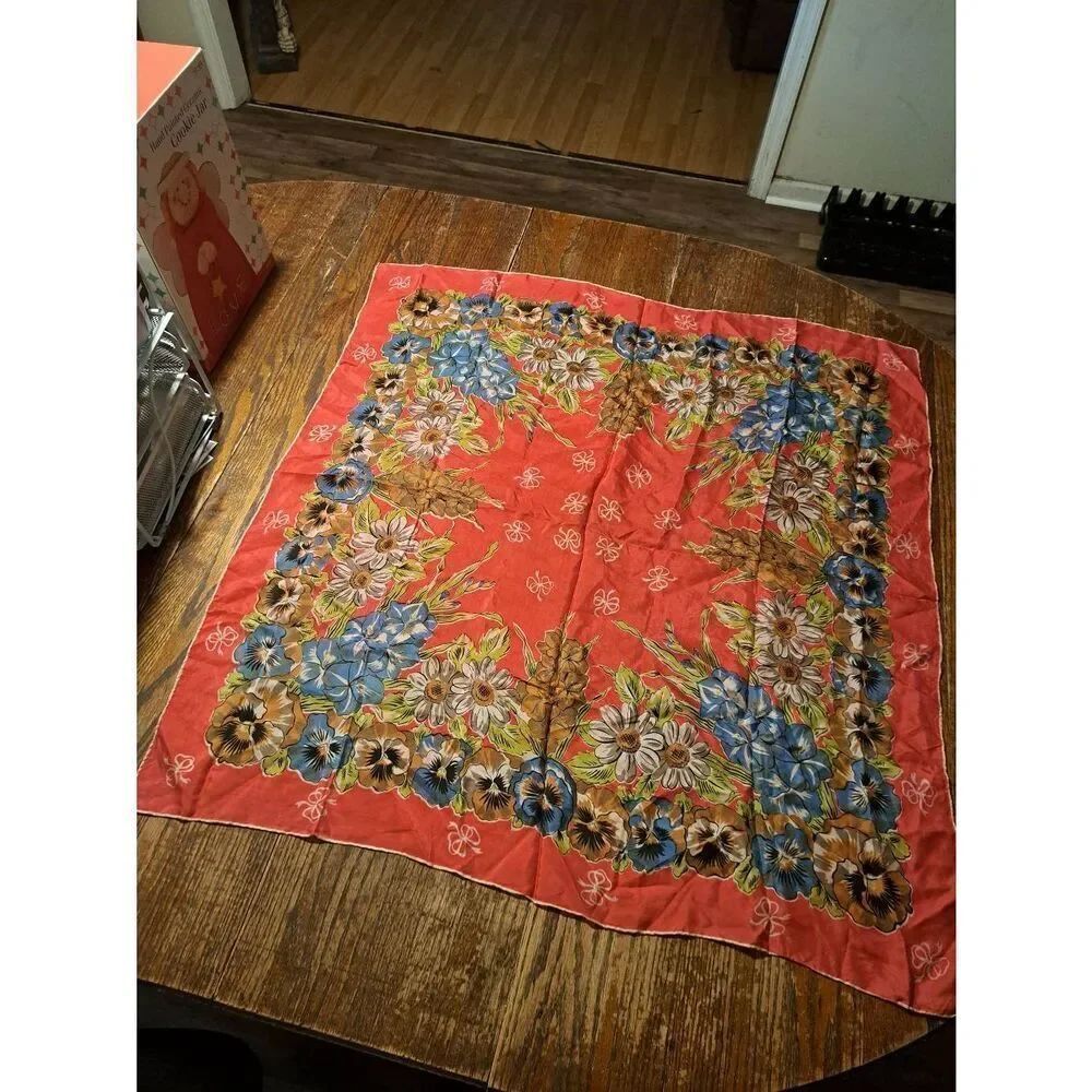 Vintage Floral Scarf Red White Brown Black Green Blue Gray 33x35 No Tags